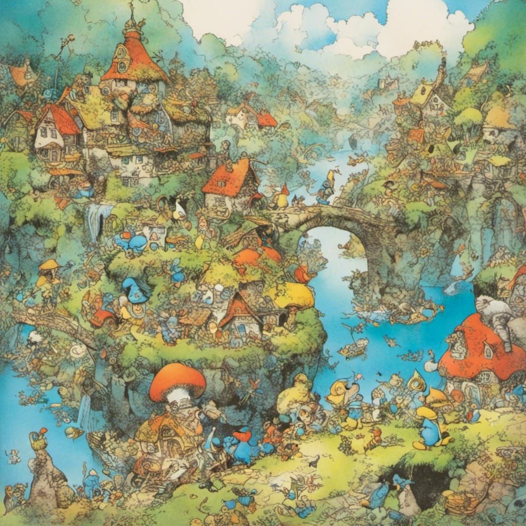 Smurf Village in Dark Fantasy Style