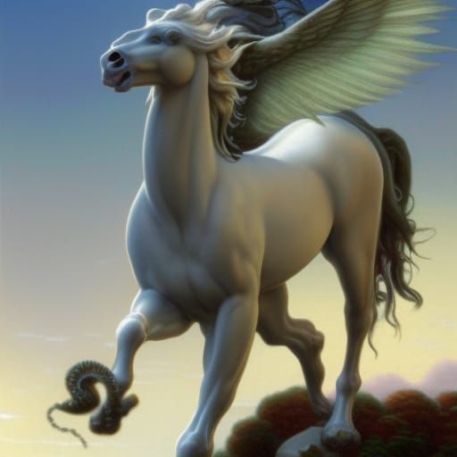 Armored Pegasus and Medusa in Ethereal Fantasy Style