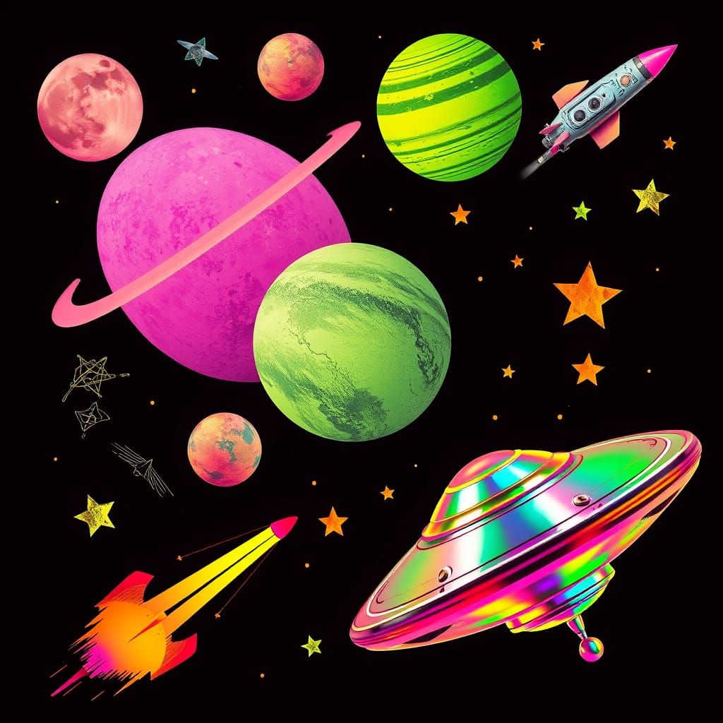 Neon Space Collage with UFOs and Rocket Ships