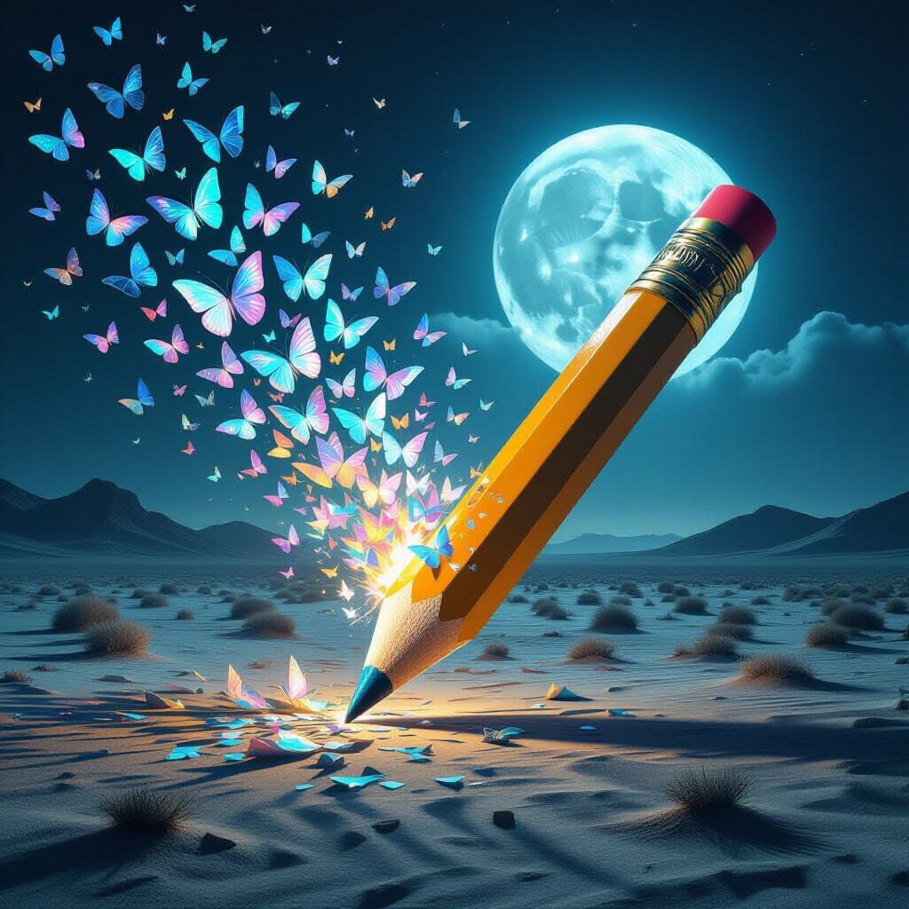 Surreal Butterflies Erupt From Giant Pencil in Moonlit Deser...