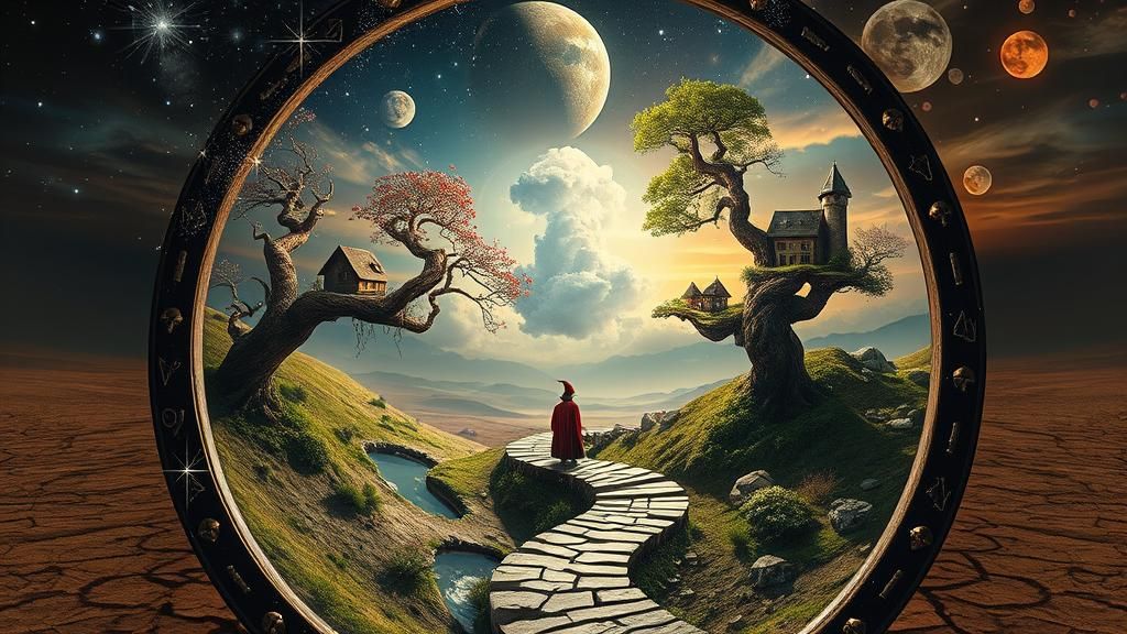 Surreal Stargate Scene with Wizard and Fantasy Garden