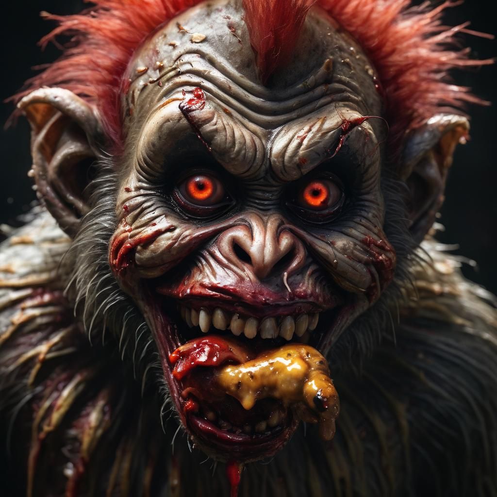 Zombie Monkey Clown Eating Barbeque in Horror Style