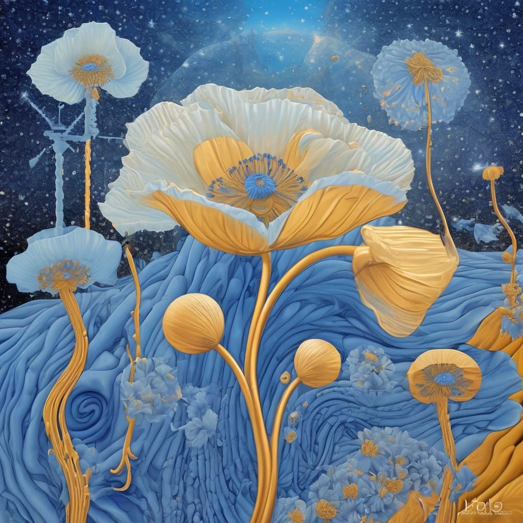 Cosmic Dreamscape: Rare Himalayan Blue Poppies in Surreal Bi...