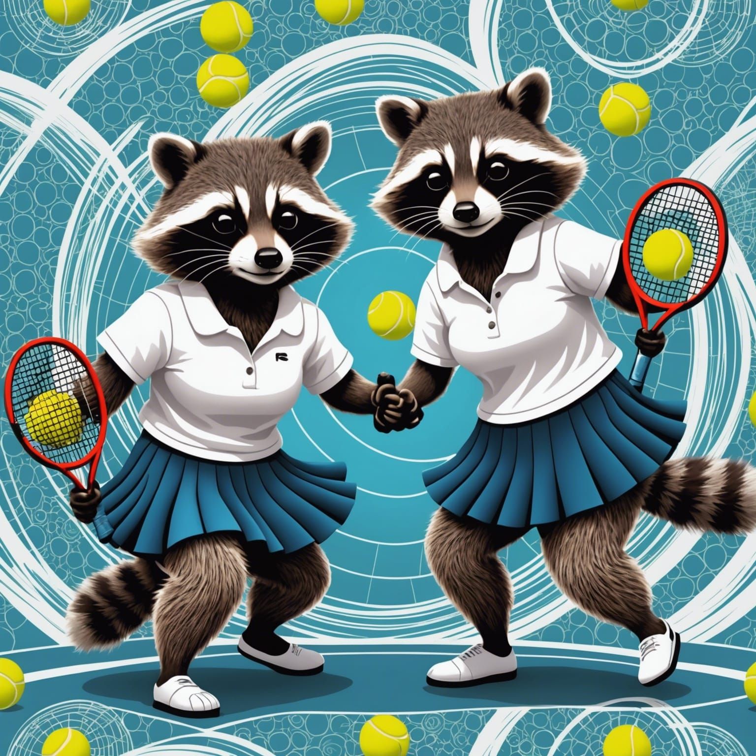 Raccoons Play Tennis in Abstract Vector Art Style