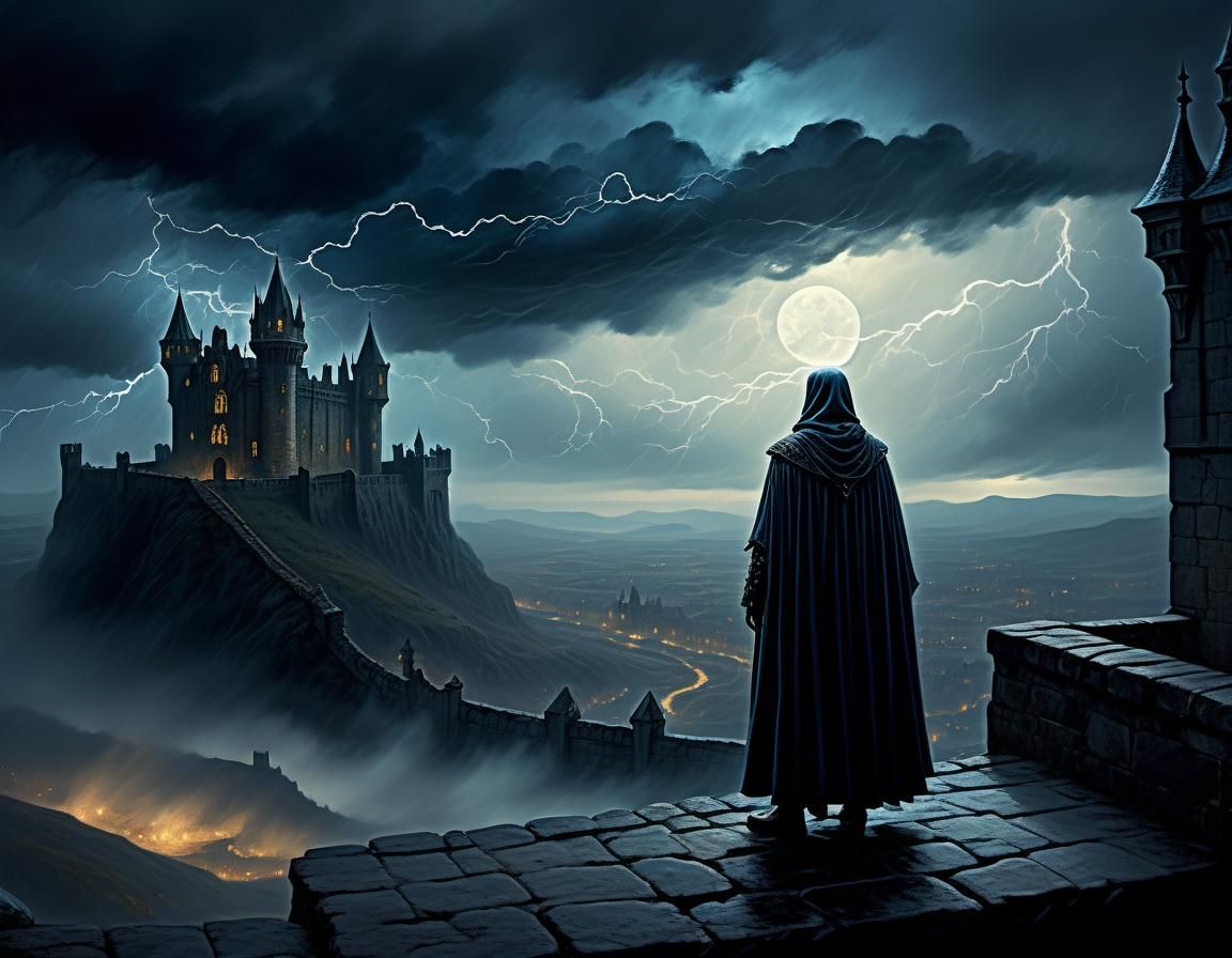 Gothic Castle Ramparts in Stormy Landscape