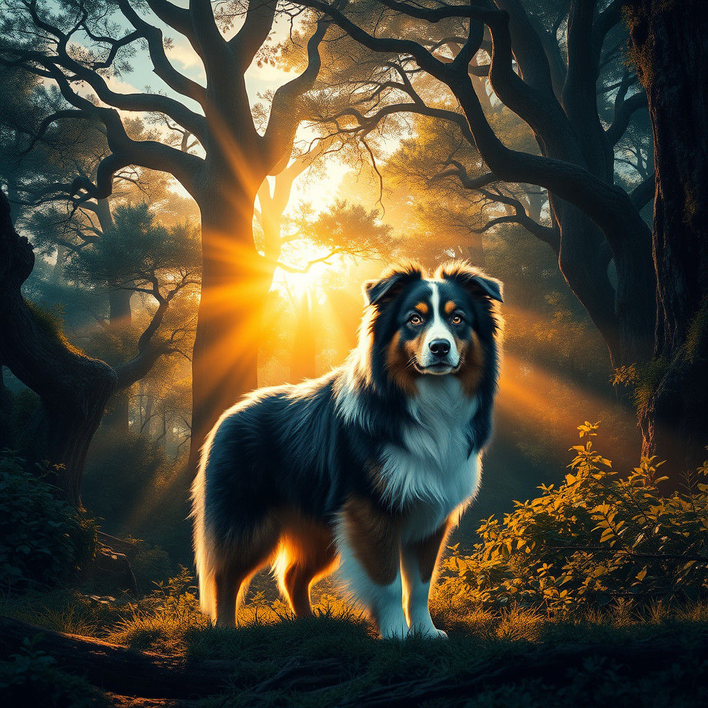 Australian Shepherd in Mystical Forest, Fantasy Art