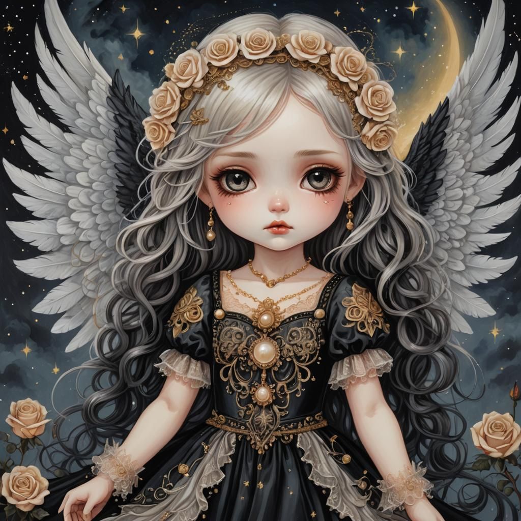 Gothpunk Chibi Angel in Night Sky Painting