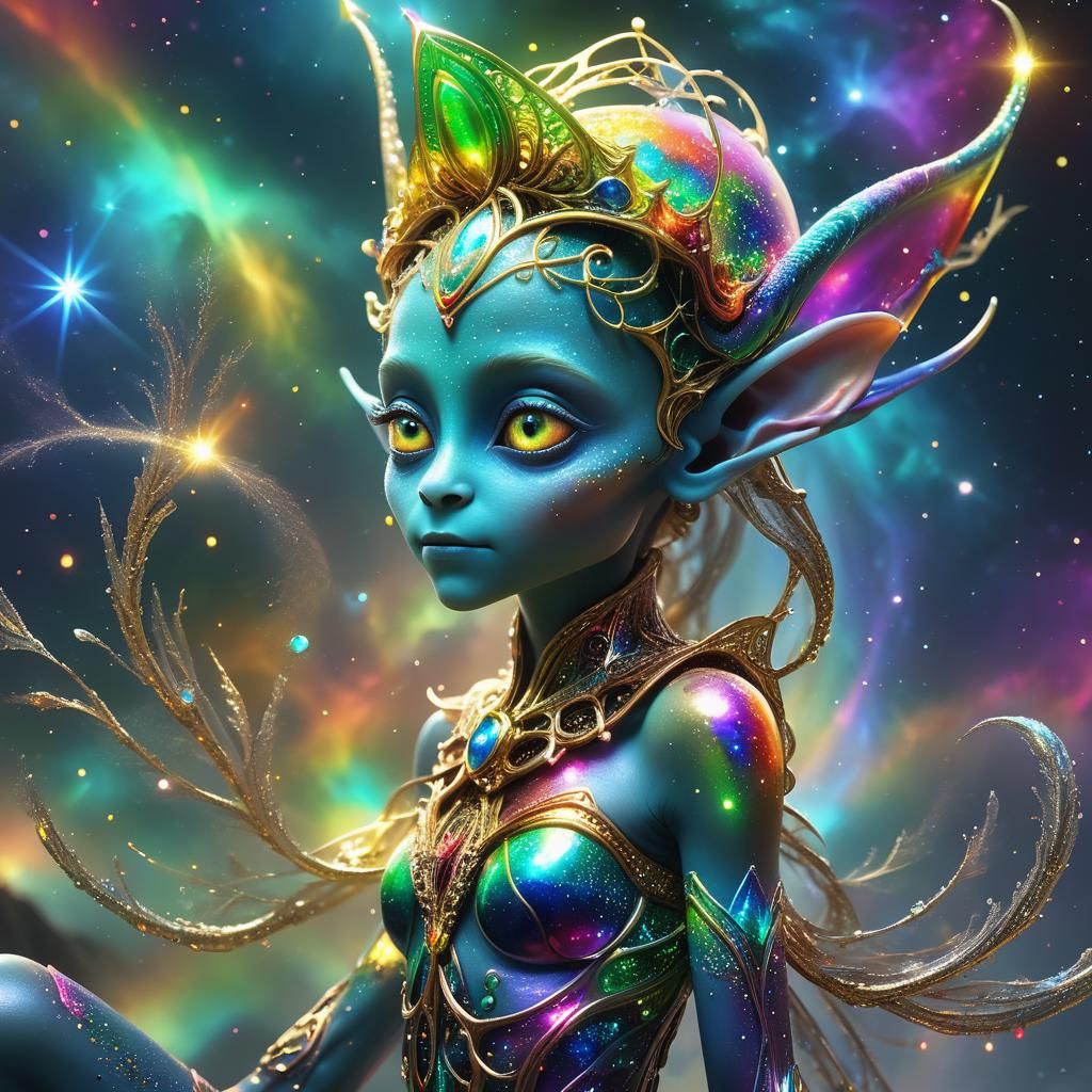 Rainbow Crystal Elf Alien in Dark Fantasy Style