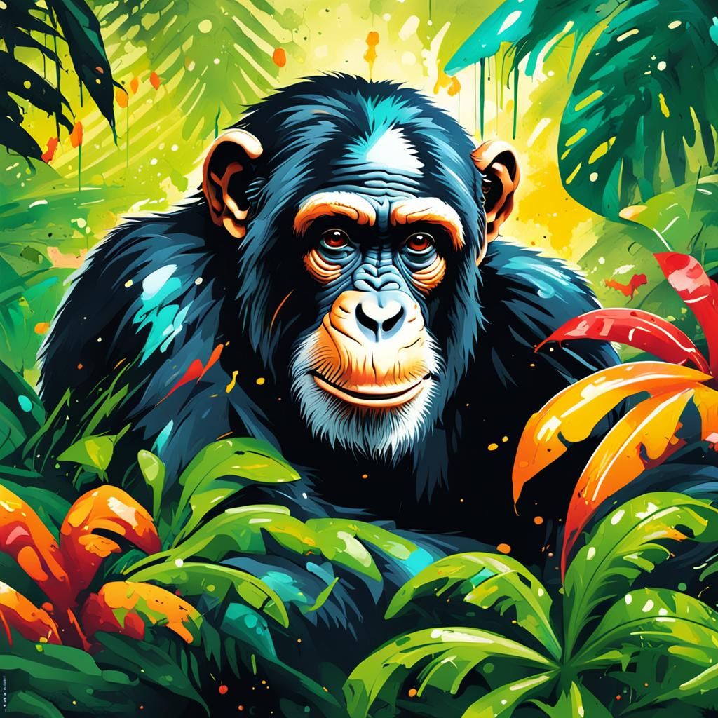 Chimpanzee in Tropical Forest Graffiti Art