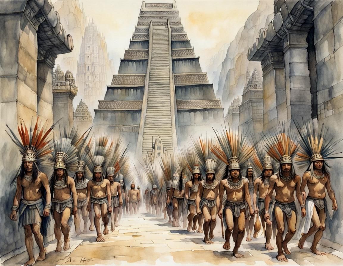 Aztec Religious Procession in European Ink Style