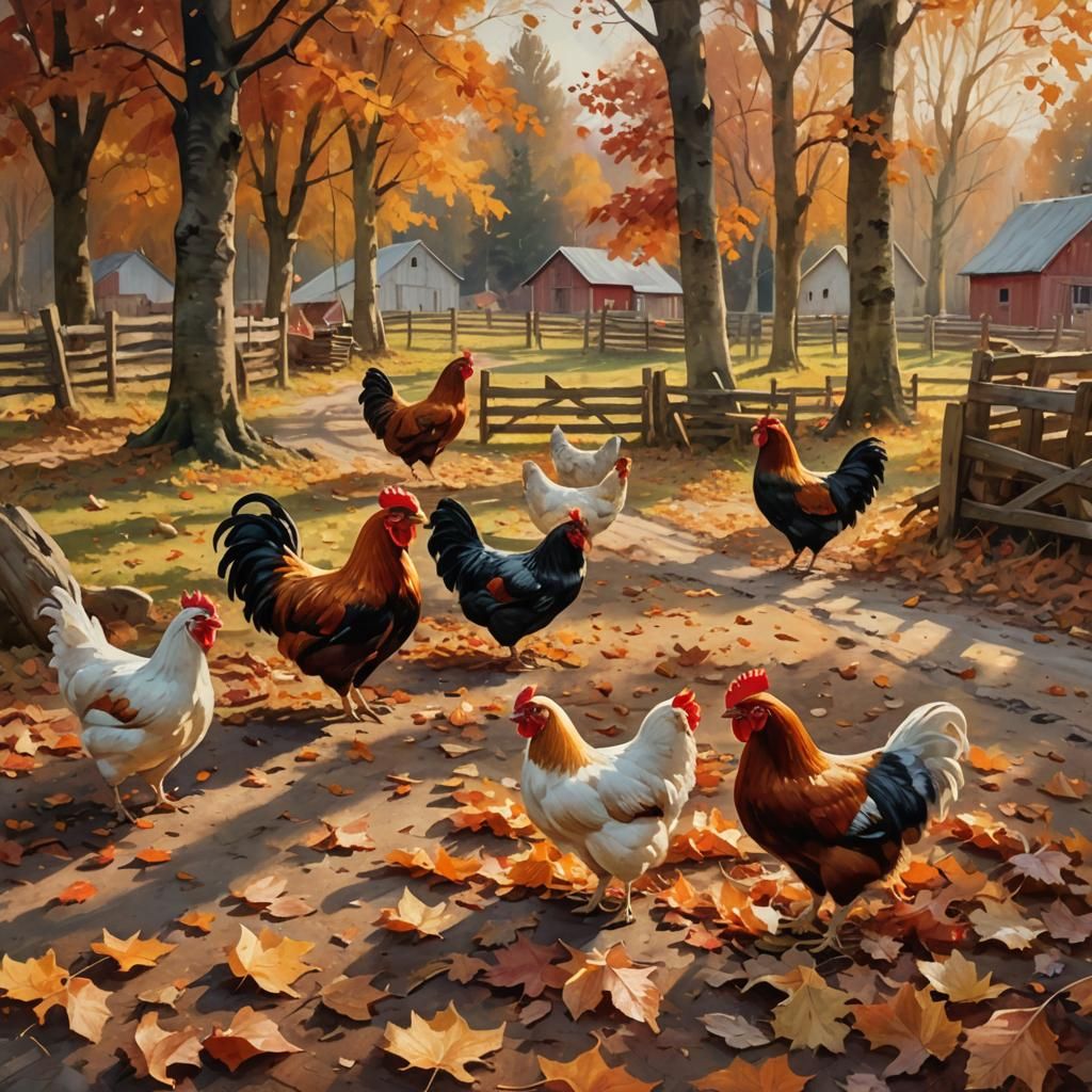 Autumn Chickens: A Rural Oil Painting in Golden Light
