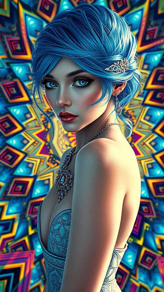 Blue-Haired Woman in Geometric Kaleidoscope: Digital Art