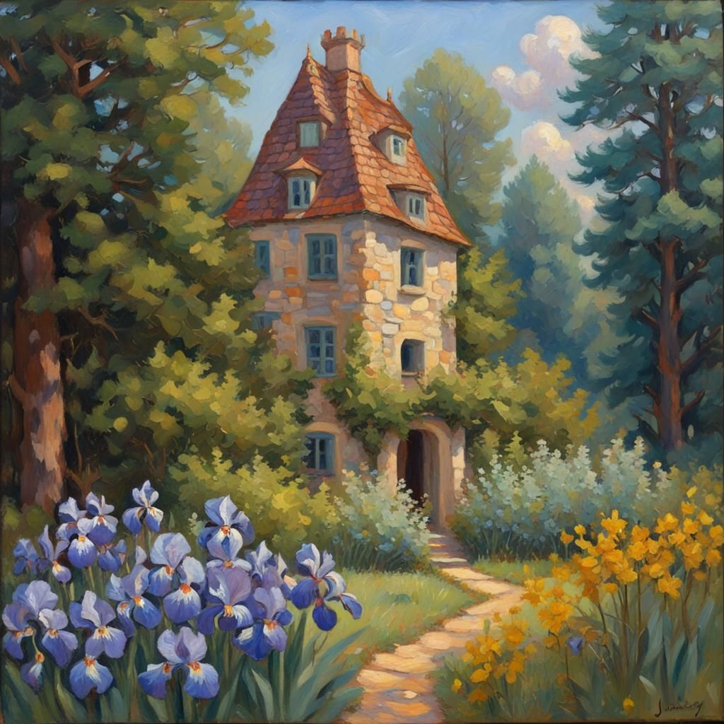 Medieval Tower House in Forest Garden: Oil Painting