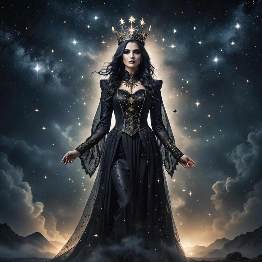 A full-body portrait of a female magician