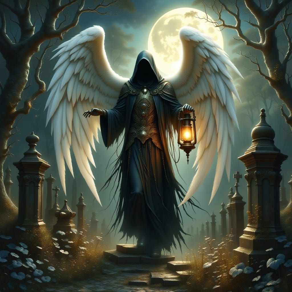 Angel of Death Strolls Through a Somber Gothic Graveyard