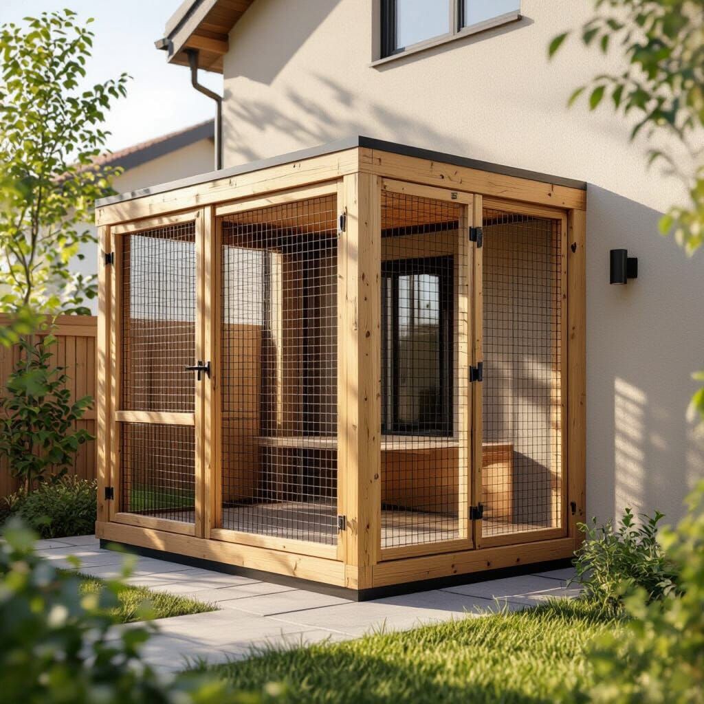 Simple L-Shaped Wooden Catio Attached to House Wall
