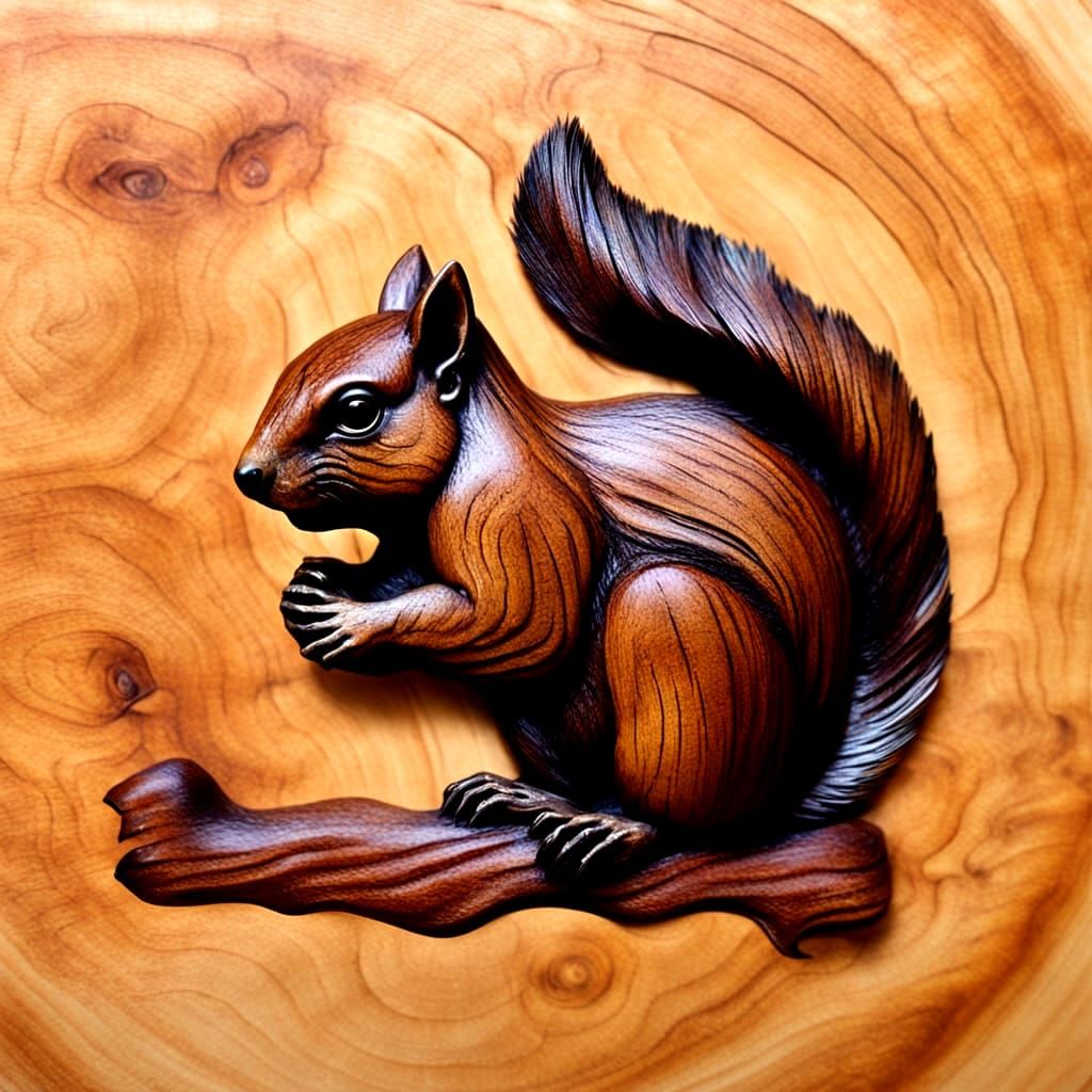 Detailed Wood Carving of a Squirrel