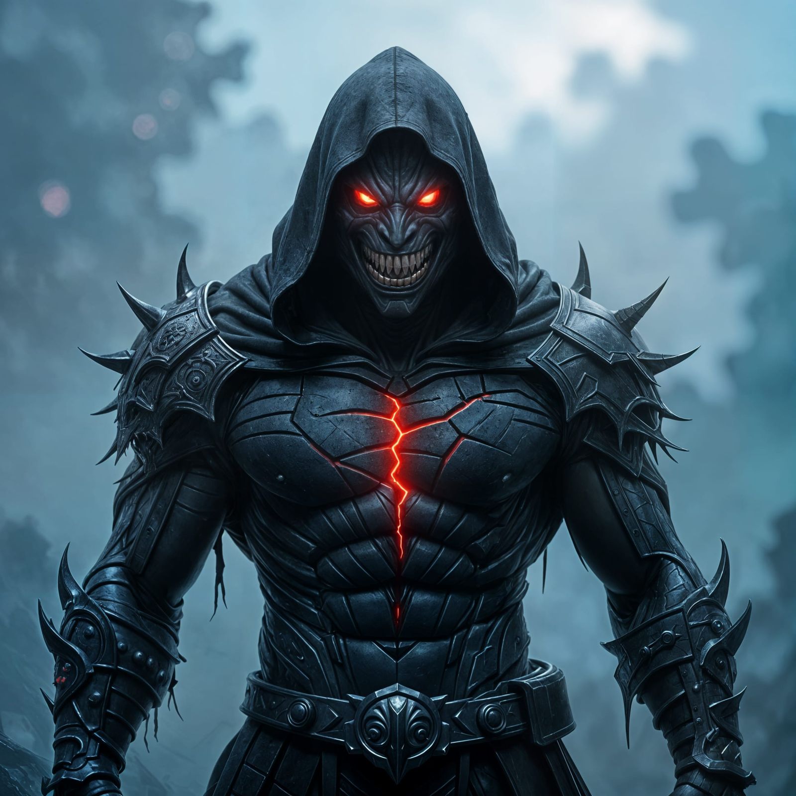 Muscular Dark Monster with Glowing Red Eyes in Stormy Lighti...