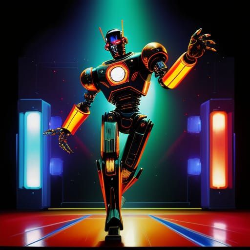 Robot Dancing on Stage in Smoky Bar