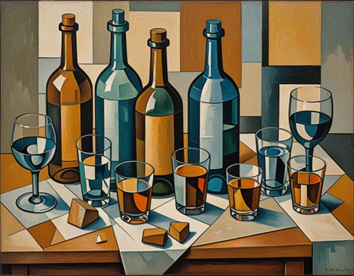 Cubist Still Life with Bottles and Glasses