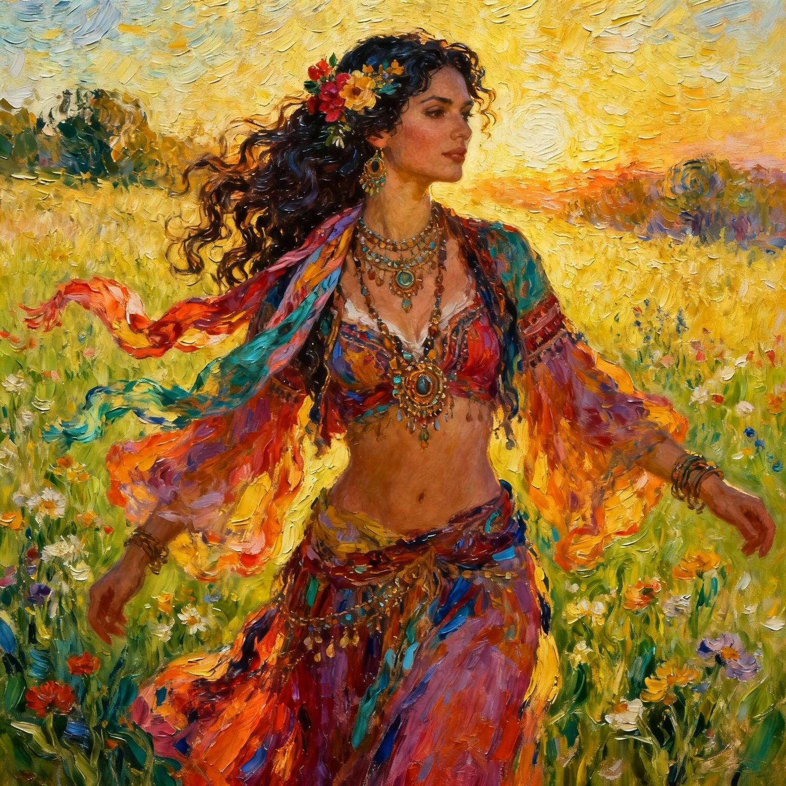 Bohemian Gypsy Woman in Sun-Dappled Meadow Oil Painting