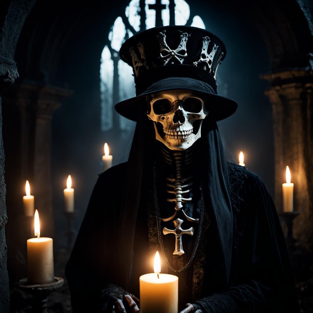 Gothic Portrait with Skeletal Hat in Cemetery