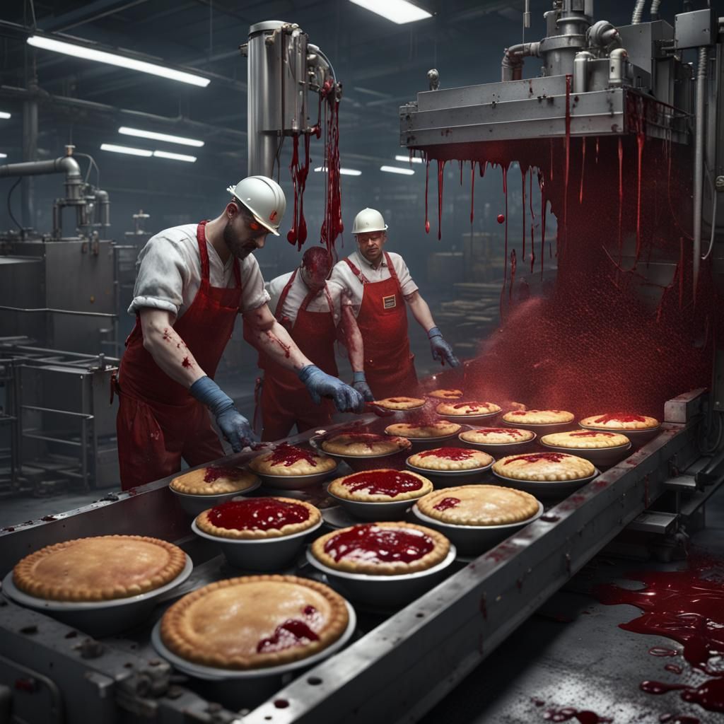 Bloody Pie Factory Accident in Dark Fantasy Style