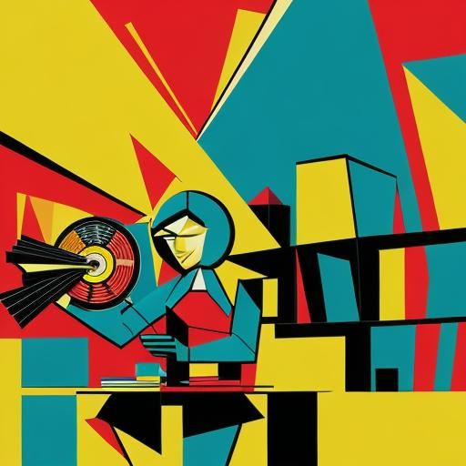 Abstract Cubism Portrait with Vinyl Record