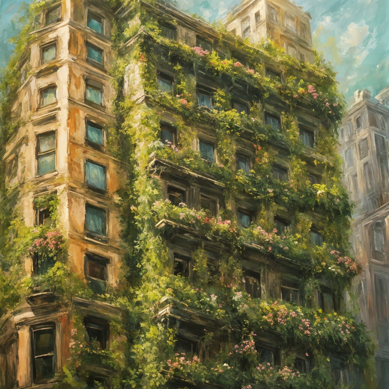 Impressionistic Skyscraper Embraced by Nature