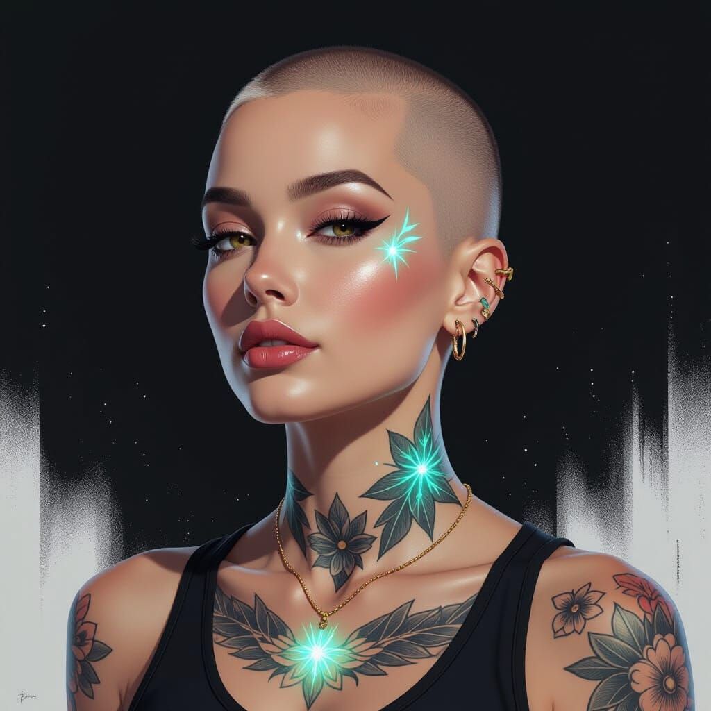 Bioluminescent Tattoo Portrait in Hyperrealistic Digital Art...