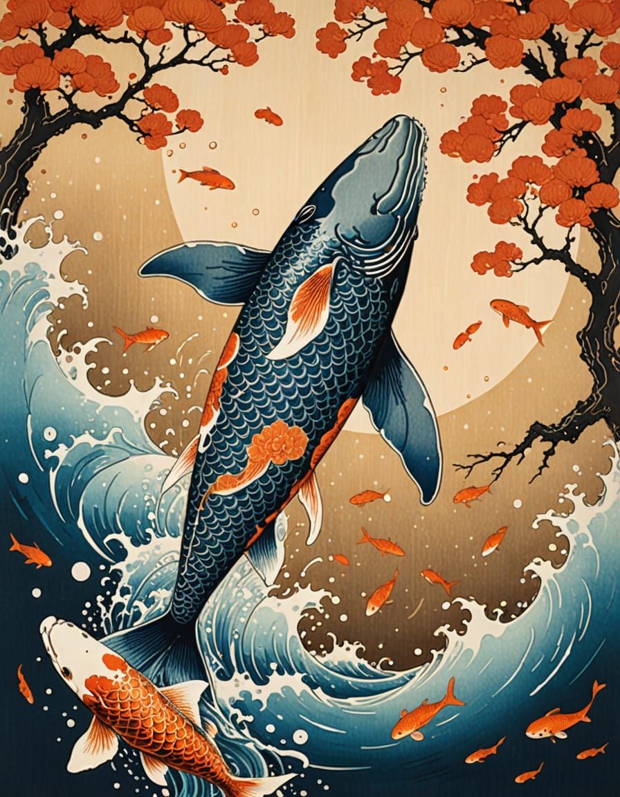 Giant Koi Fish Swimming in Amber Sky