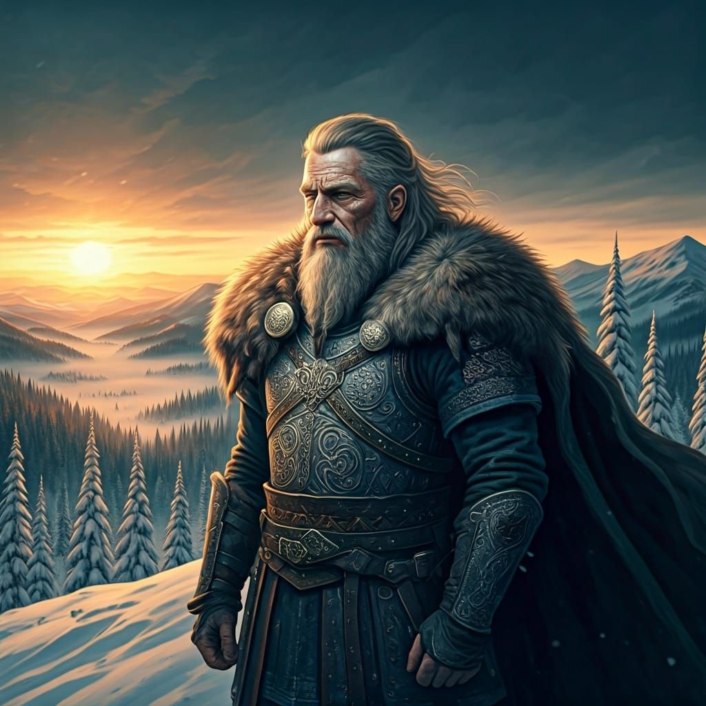 Viking Elder on Snowy Peak: Epic Fantasy Art