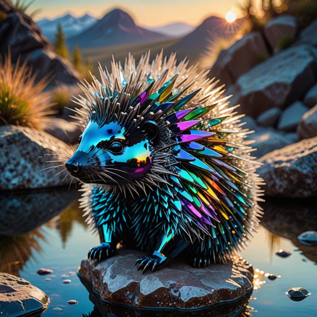 Glass Porcupine on Rock: Surreal Oil Painting