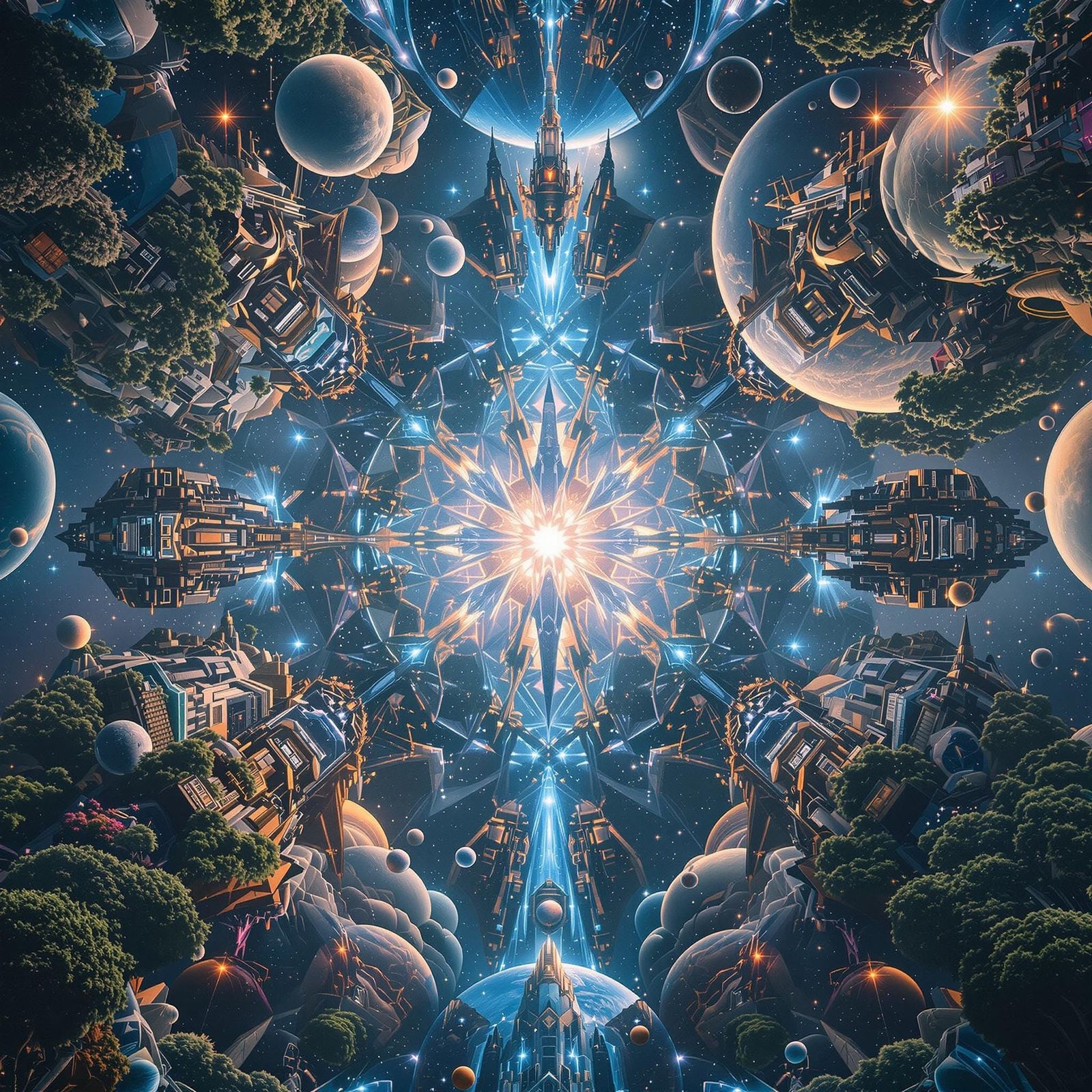 Mirrored Realms of Infinite Possibility in Vibrant Symmetry