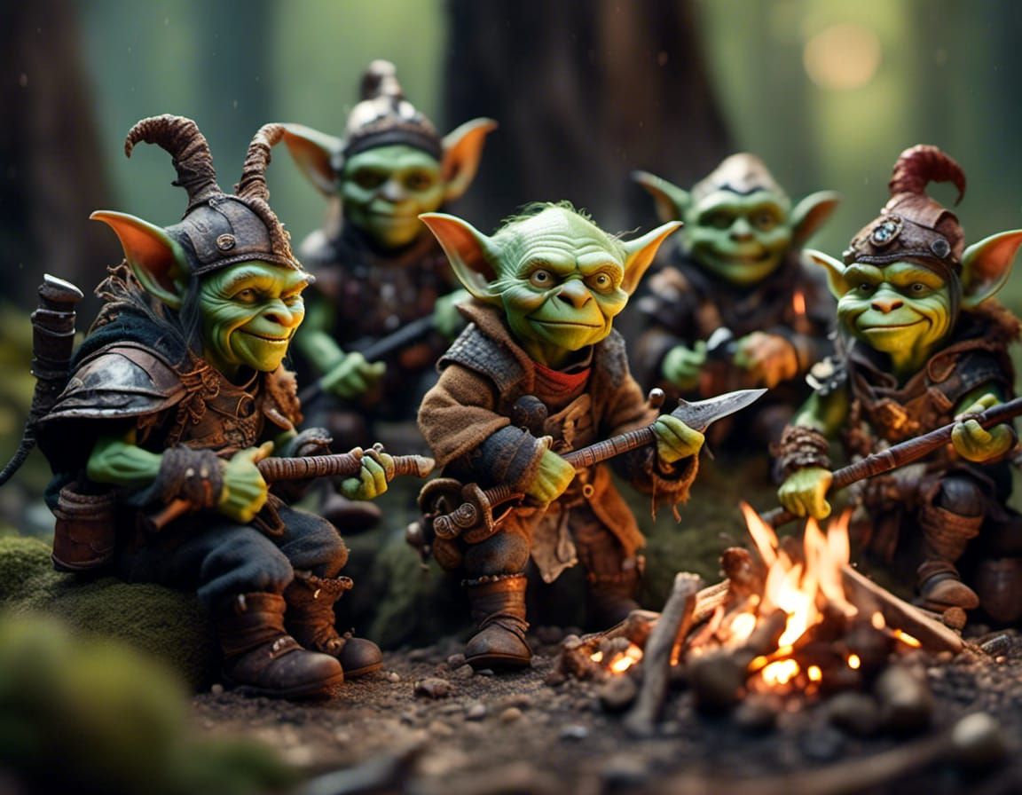 Hyperrealistic Goblin Warriors Around Campfire