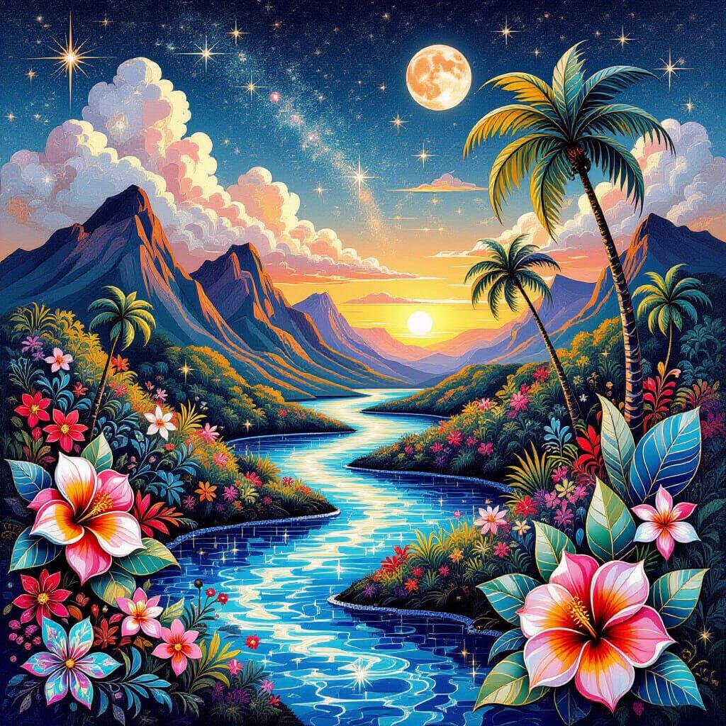Futuristic Hawaiian Landscape with Cosmic Fractal Details