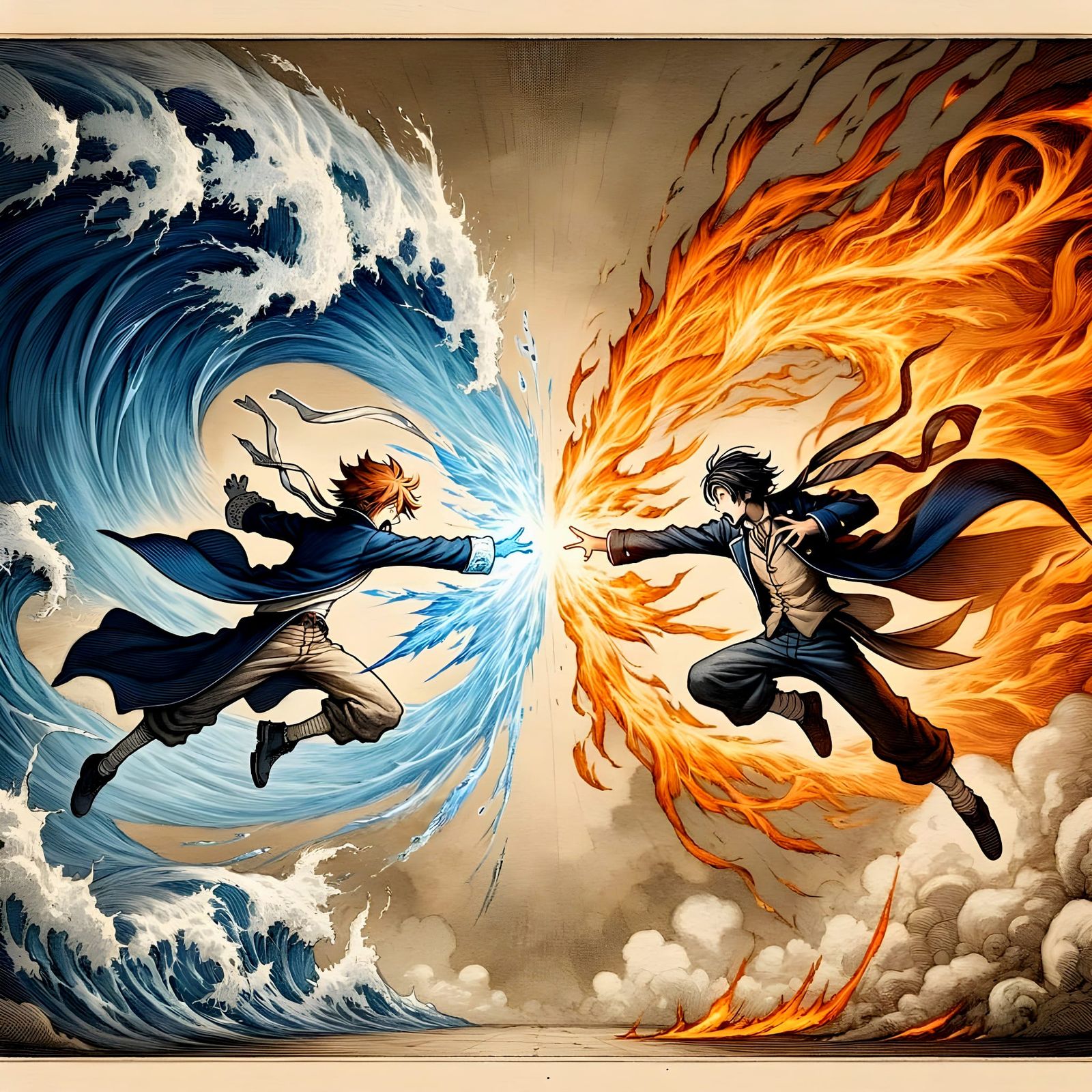 Anime Elemental Clash in Midair, 19th Century Watercolor Sty...