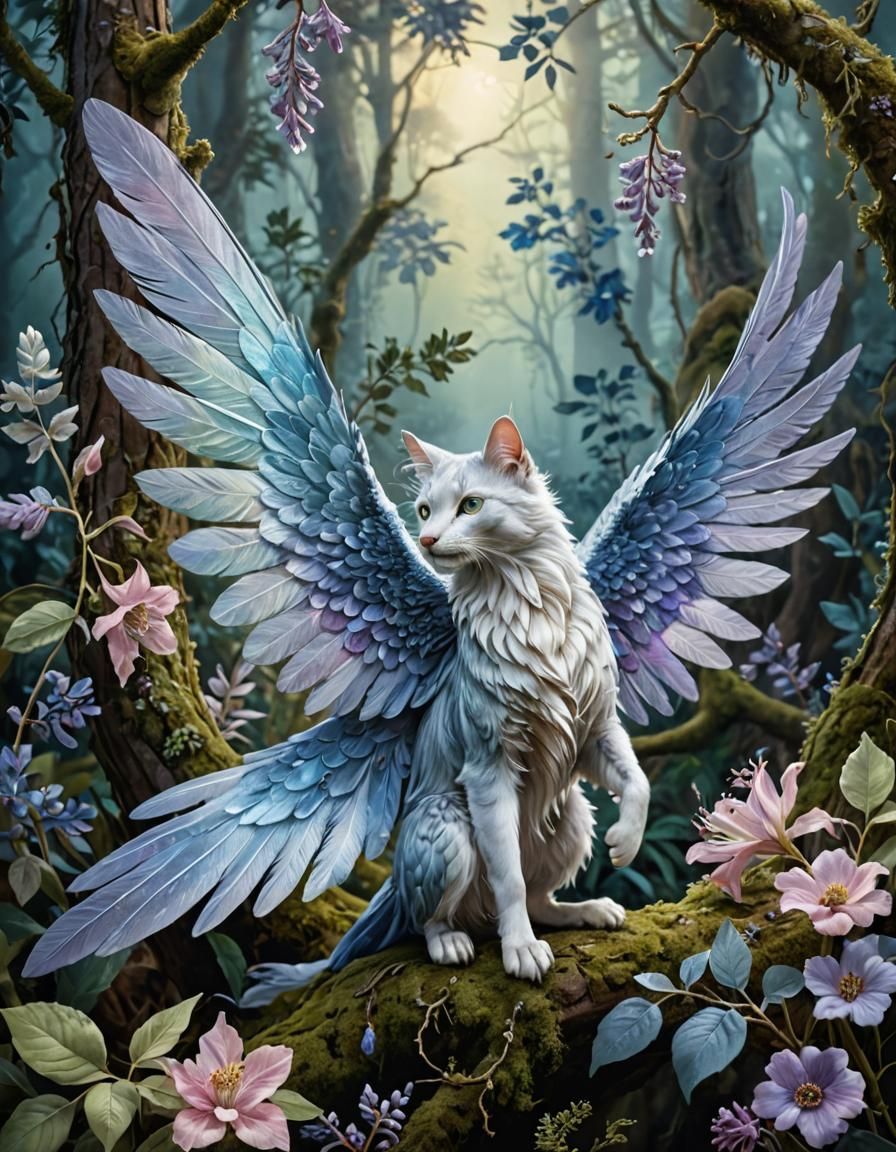 Winged Cat in Dreamlike Watercolor Realm