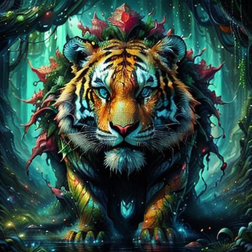 Fiery Tiger Monster Merging with Biomechanical Flora