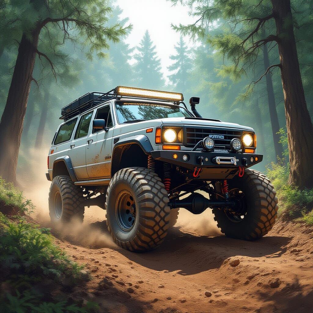 Rugged AMC 4x4 Van Ascends Steep Wooded Hill