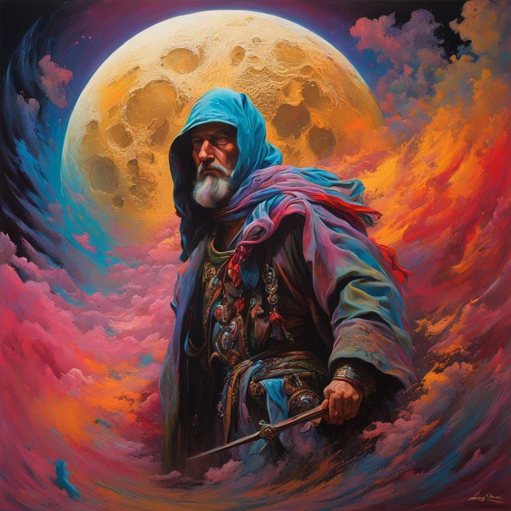 Tormented Pilgrim in Vibrant Fantasy Dreamscape