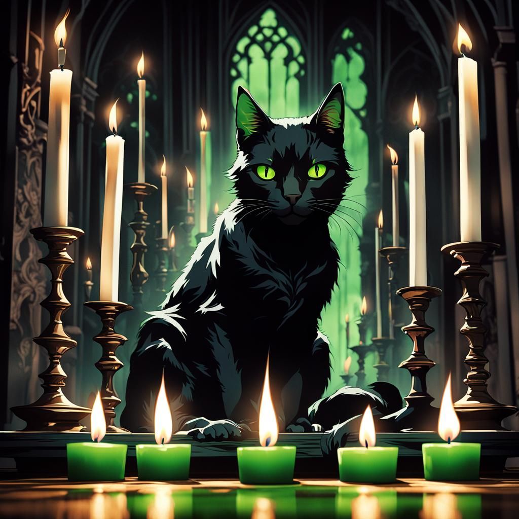 Eerie Black Cat in Candlelight: Gothic Horror Photorealism