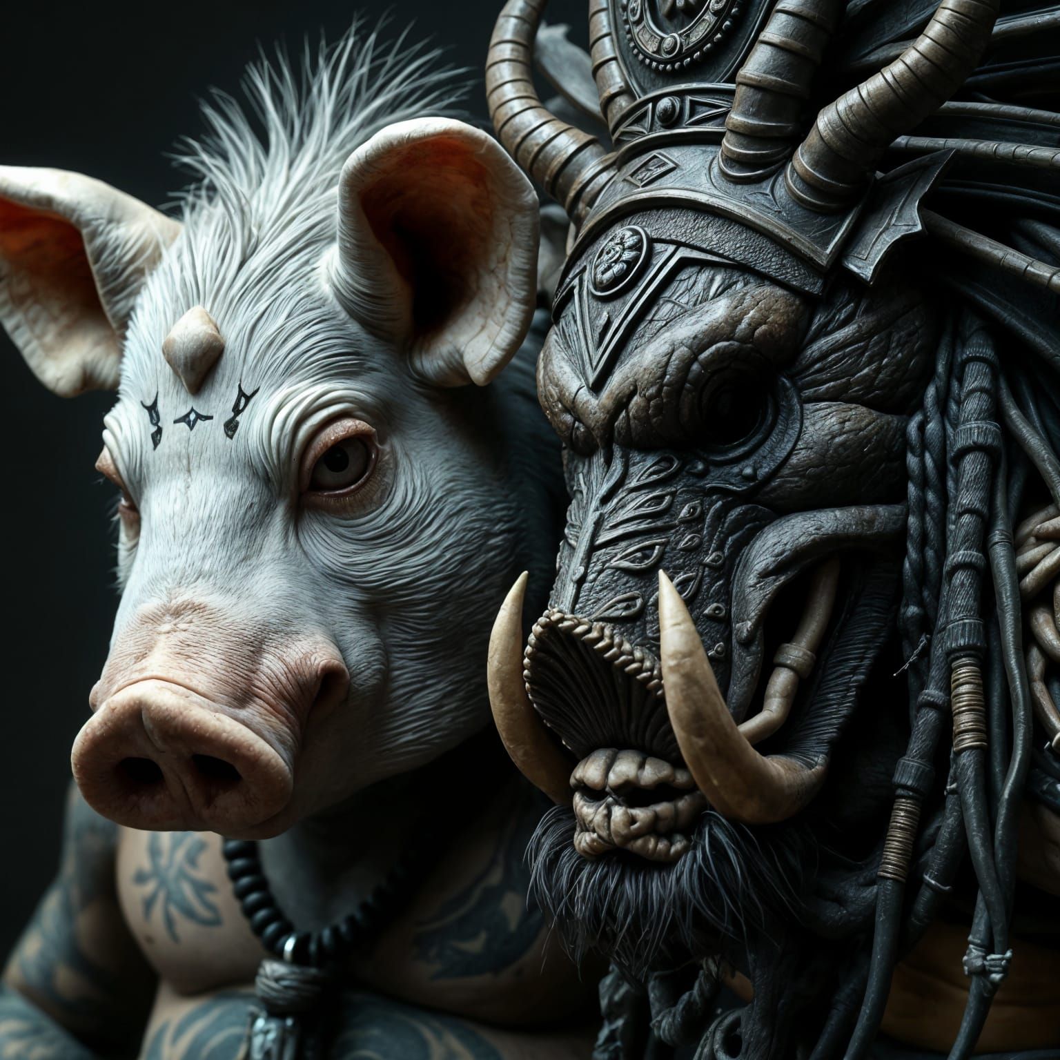 Ominous Pig Tattooist and Shaman in Dark Fantasy Style