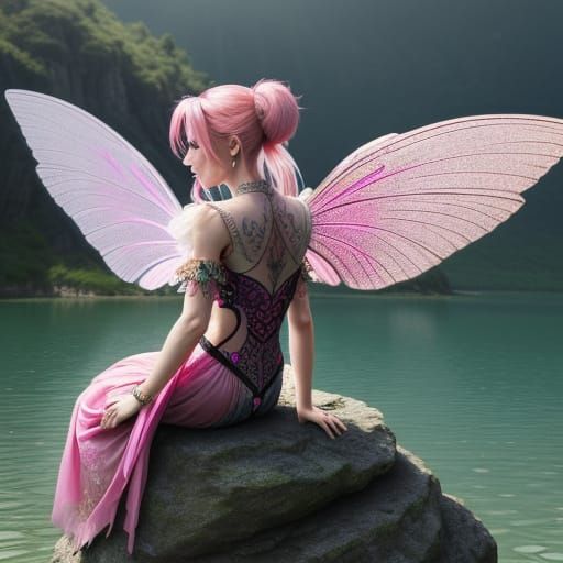 Pink-Haired Faerie on Lake Rock