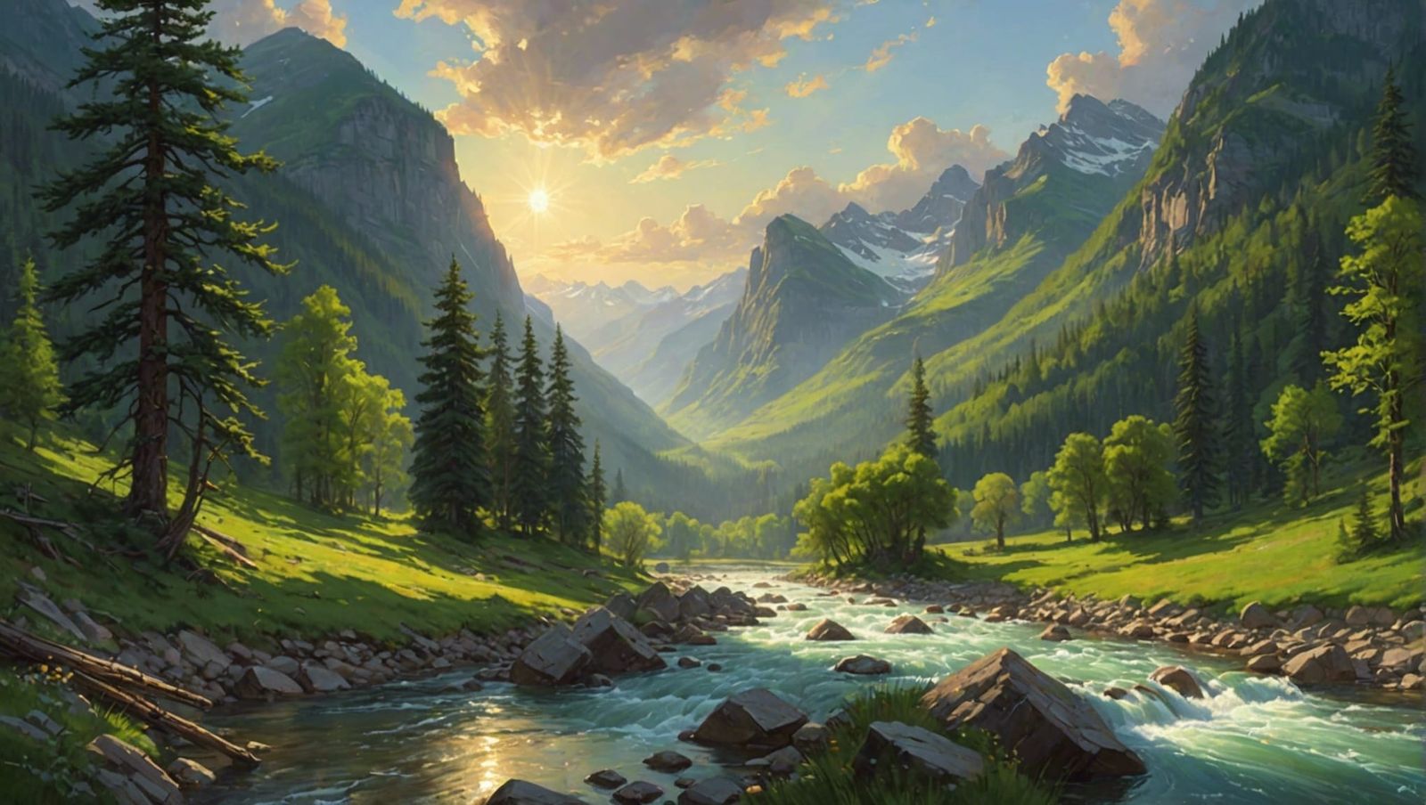 a deep river valley flanked by steep, lushly forested mounta...