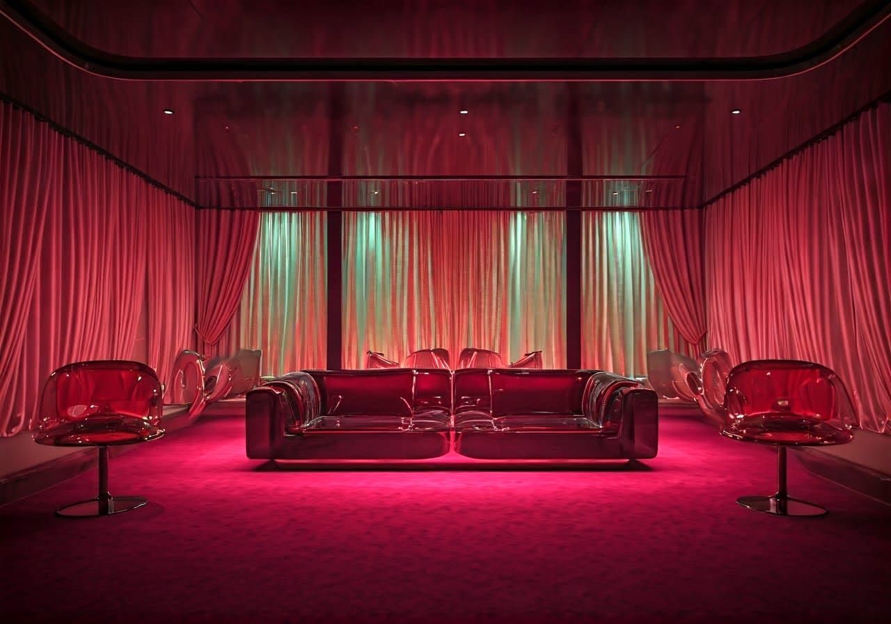 Modern Space Age Living Room with Waterfalls