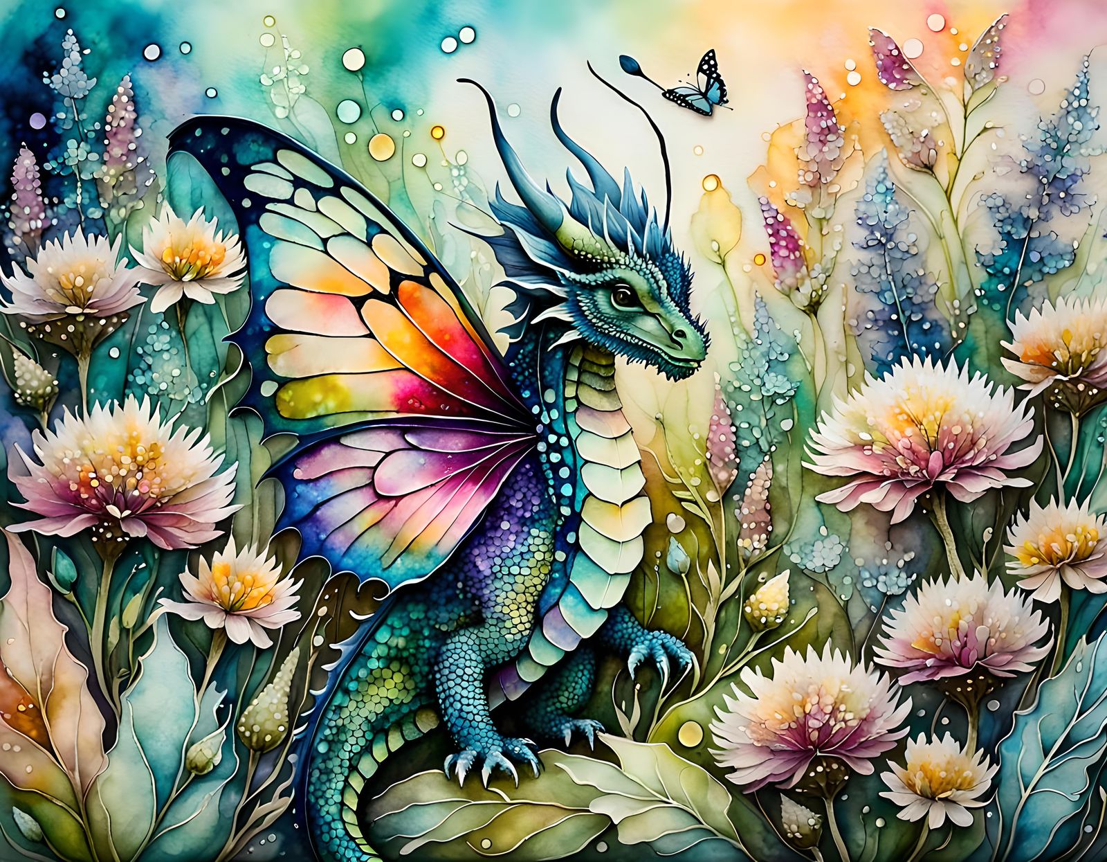 Whimsical Dragon with Butterfly Wings, Alcohol Ink Painting