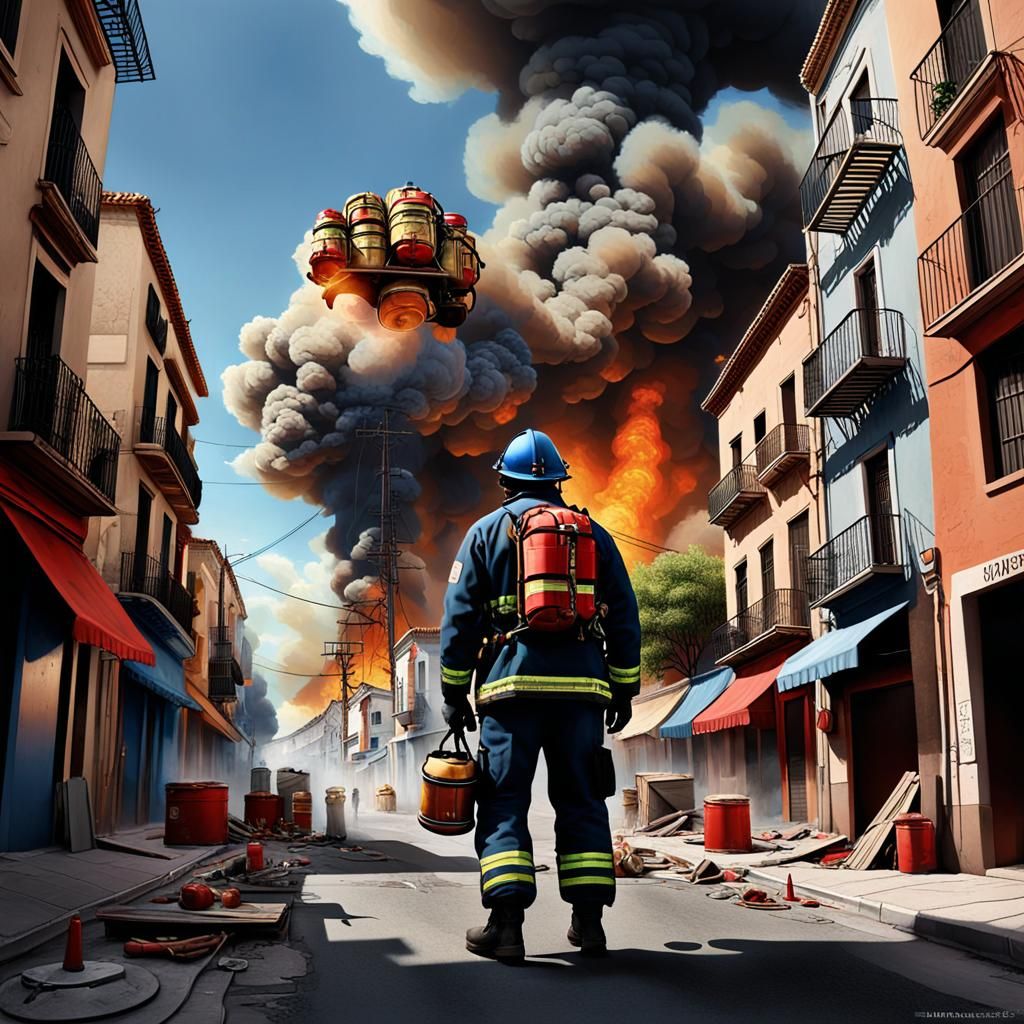 9/11 Firefighter Tribute in Surreal Street Art Style