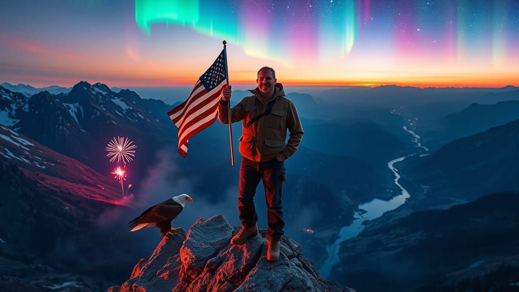 Rugged Outdoorsman Stands Proud on Majestic Mountain Peak wi...