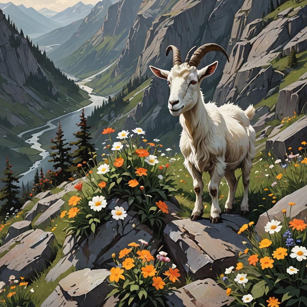 Sinister Floral Mountain Scene with Goat